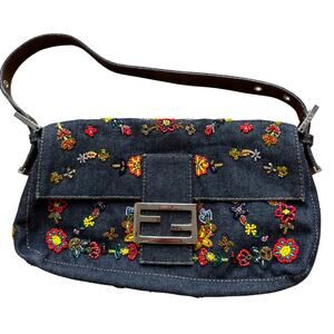 Fendi Baguette Blue Denim Flower Beaded